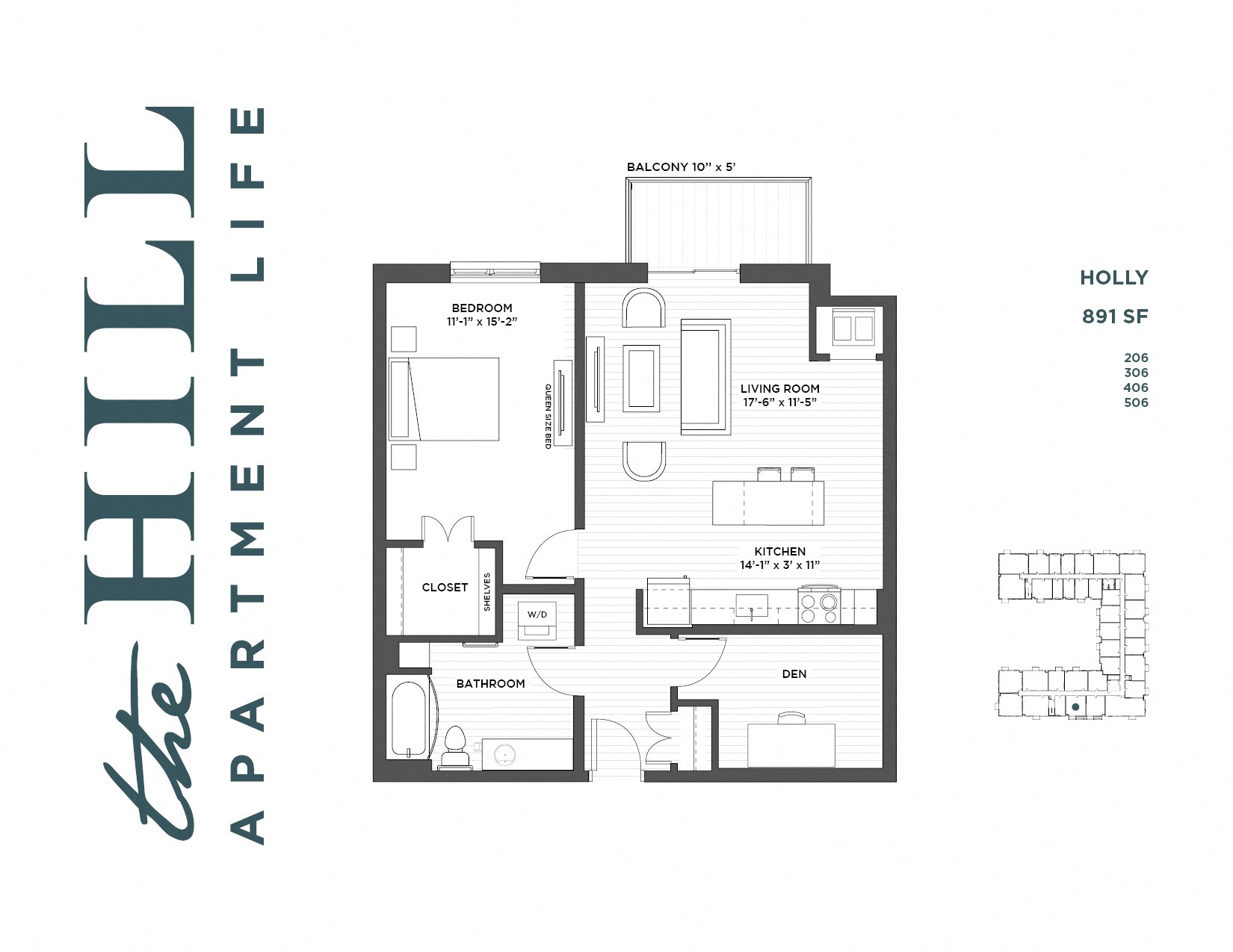 Floor plan for 1 bed, 1 bath, 891 sqft